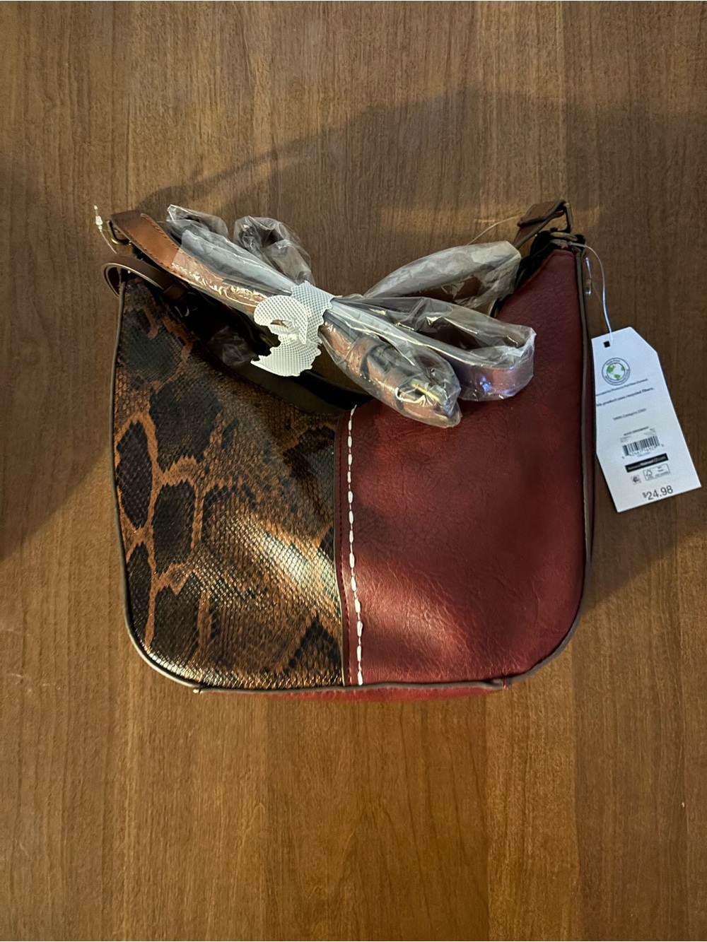 Time and Tru Burgundy and Brown Snake-Accent Shoulder Bag